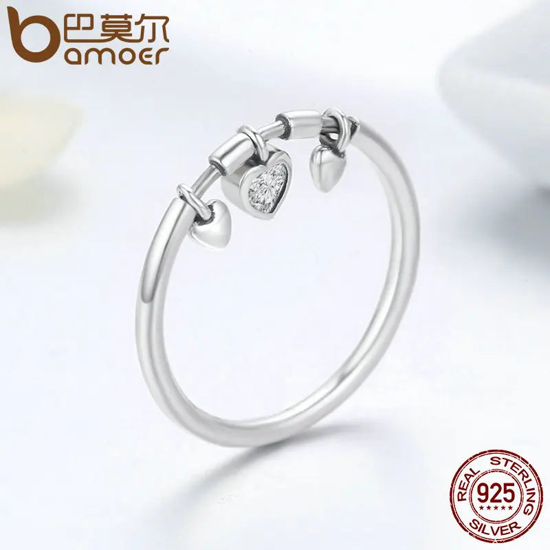 BAMOER 925 Sterling Silver Glittering Heart Clear CZ Anel Female Ring Women Wedding Engagement Jewelry SCR215