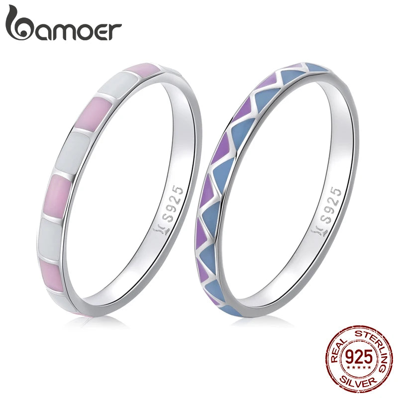 BAMOER 925 Sterling Silver Simple Check Ring for Women Light Pink & White Color Ring Fine Jewelry Party Gift