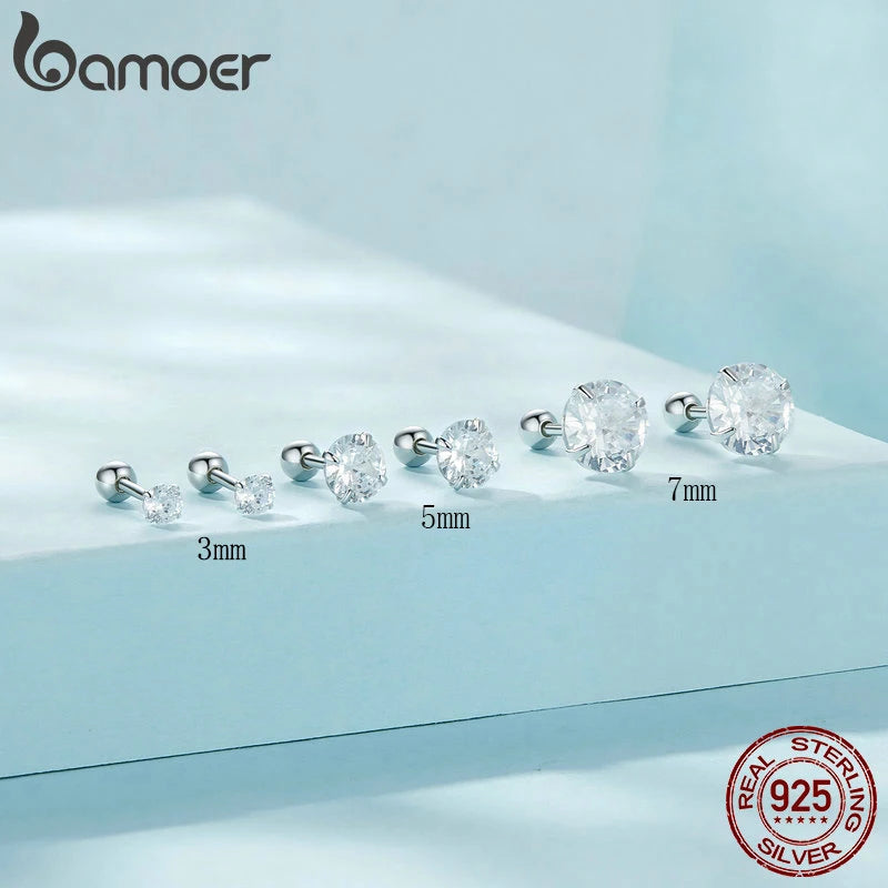 BAMOER Platinum Plated Classic CZ Stud Earrings 925 Sterling Silver Hypoallergenic Elegant Earrings Fashion Jewellry 3mm 5mm 7mm