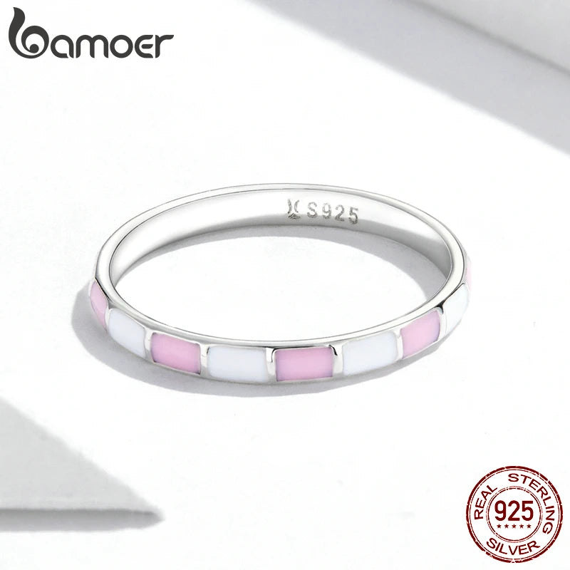 BAMOER 925 Sterling Silver Simple Check Ring for Women Light Pink & White Color Ring Fine Jewelry Party Gift