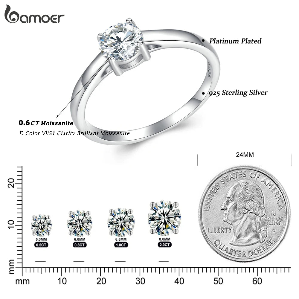 Bamoer D Color VVS1 EX Moissanite Ring Round Moissanite Diamond for Women 925 Sterling Silver Engagement Wedding Band MSR005