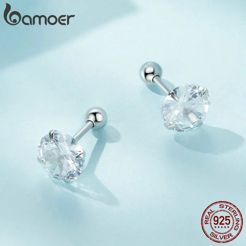 BAMOER Platinum Plated Classic CZ Stud Earrings 925 Sterling Silver Hypoallergenic Elegant Earrings Fashion Jewellry 3mm 5mm 7mm