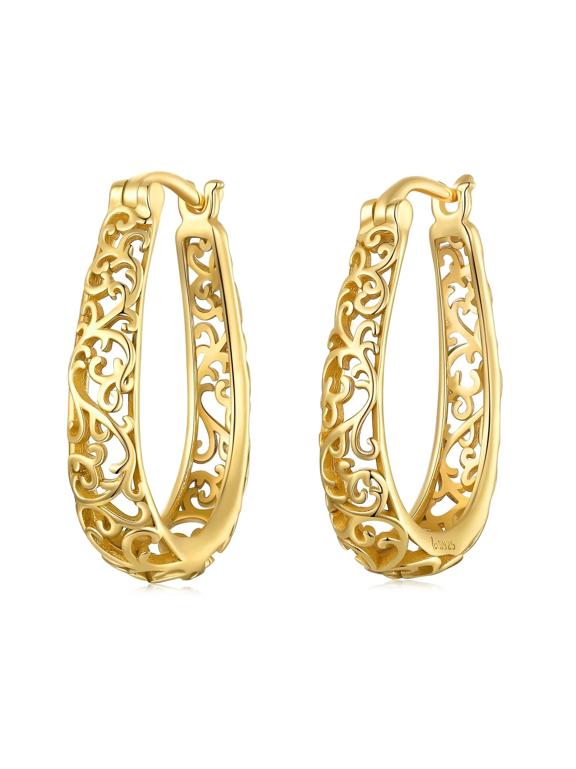 BAMOER 18K Gold Plated Filigree Hoop Earrings 925 Sterling Silver Vintage Vine Earrings For Women Fine Jewelry Original Design