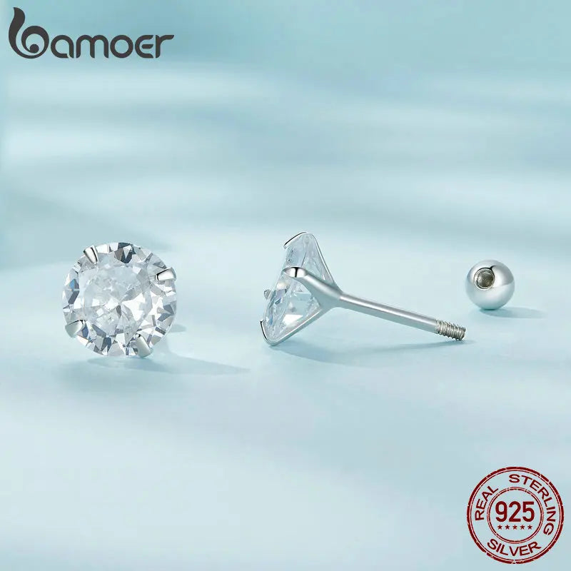 BAMOER Platinum Plated Classic CZ Stud Earrings 925 Sterling Silver Hypoallergenic Elegant Earrings Fashion Jewellry 3mm 5mm 7mm