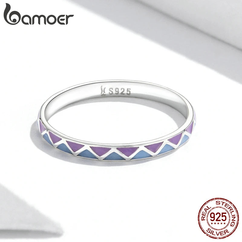 BAMOER 925 Sterling Silver Simple Check Ring for Women Light Pink & White Color Ring Fine Jewelry Party Gift