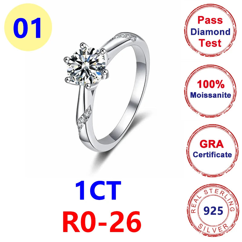 1CT Moissanite Six-claw Lady's Ring 925 Sterling Silver Plated White Gold Marriage Proposal Wedding for Women