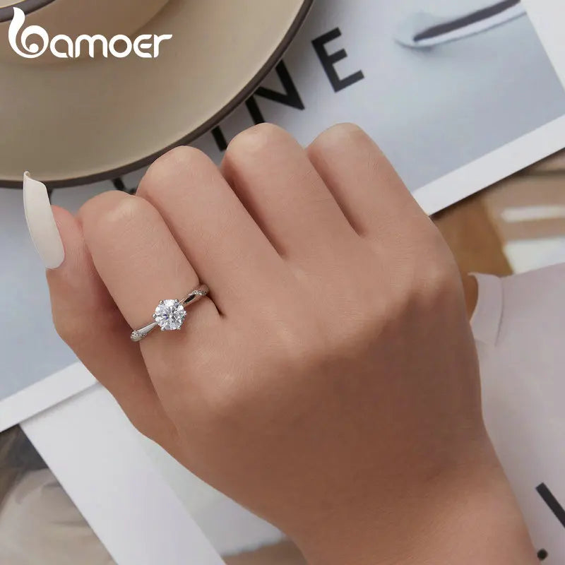 BAMOER D Color VVS1 EX Moissanite Ring 1ct Round Moissanite Diamond Solitaire Engagement 925 Sterling Silver Rings For Women